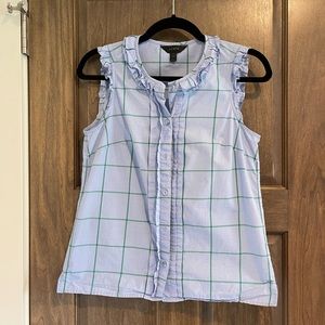 Size 0 J. Crew Blue & Green Plaid Sleeveless Button Down Ruffle Top